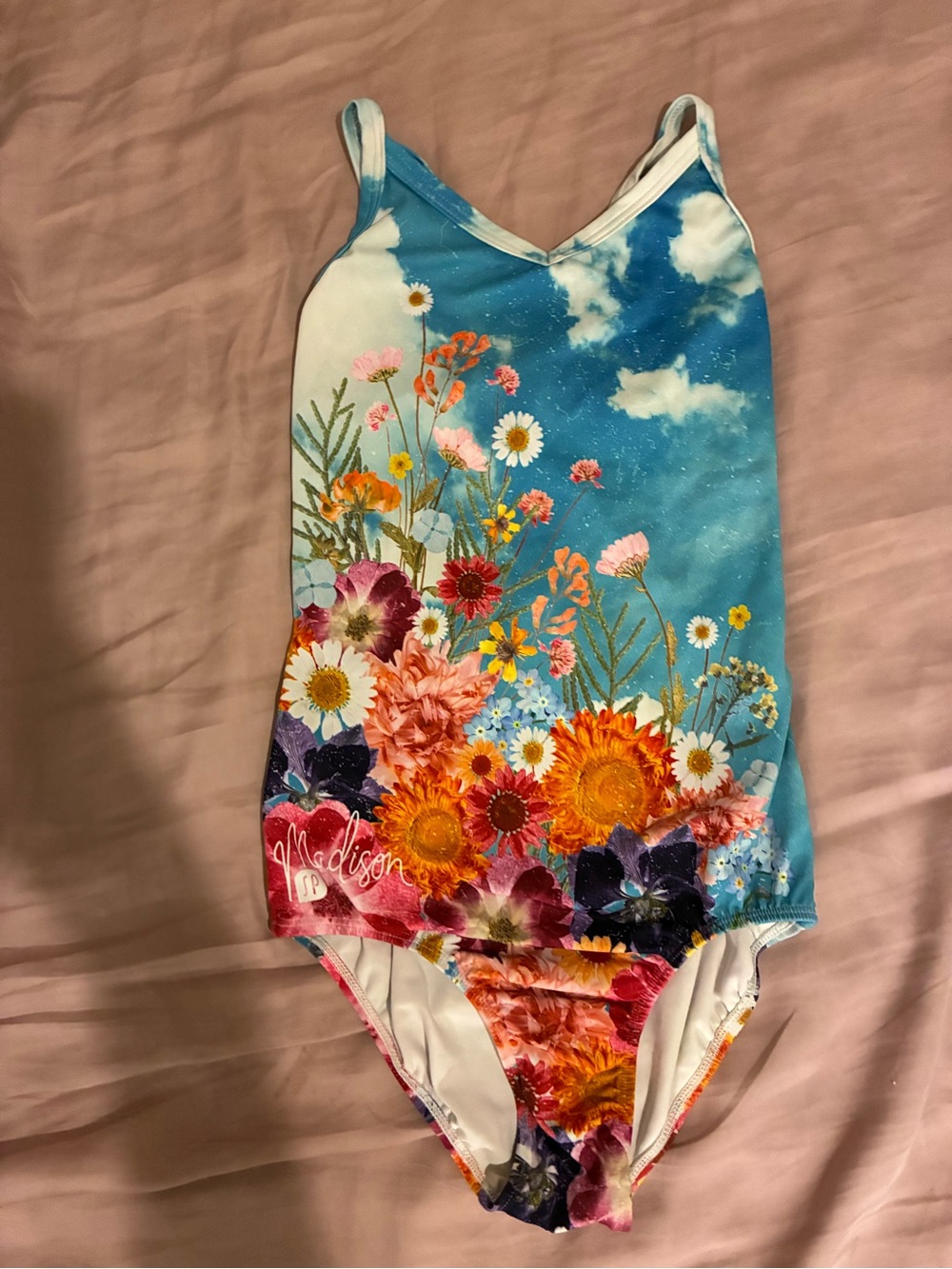 Sylvia P Blue Floral Sky-Print Girls Gymnadtics leotard- Bright Blue Floral